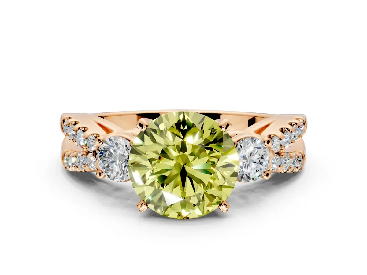 3 Stone Engagement Ring Setting for Fancy Yellow Round Cut Center with Pave Split Shank and Prong Head in Rose Gold