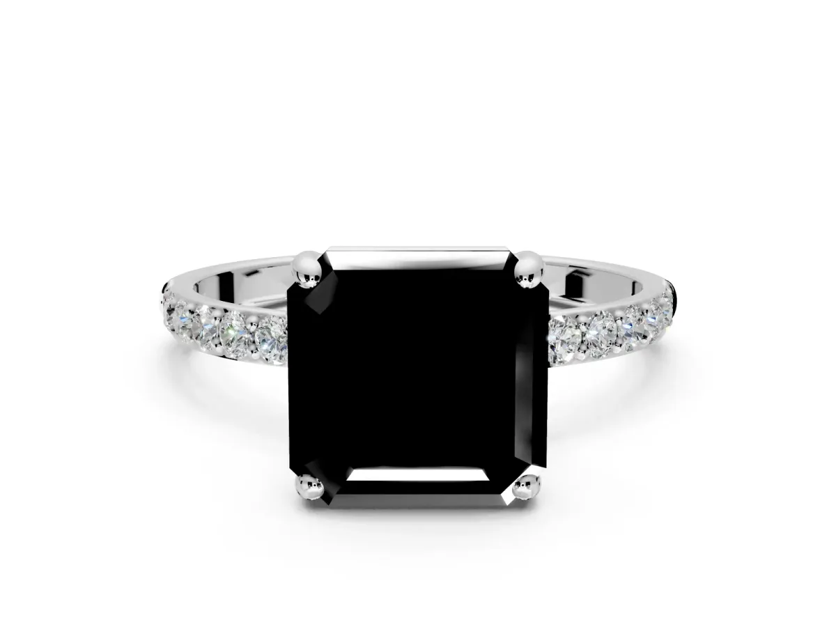 Solitaire Engagement Ring Setting for Fancy Black Asscher Cut Center with Pave Accents and Prong Head in Sterling Silver