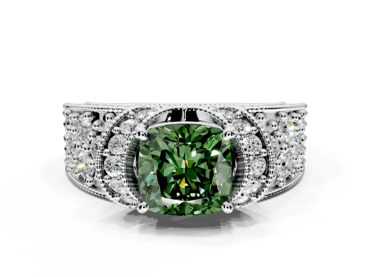 Pave Engagement Ring Setting for Fancy Green Cushion Cut Center with Curved Accent Rows, Openwork and Prong Head in White Gold