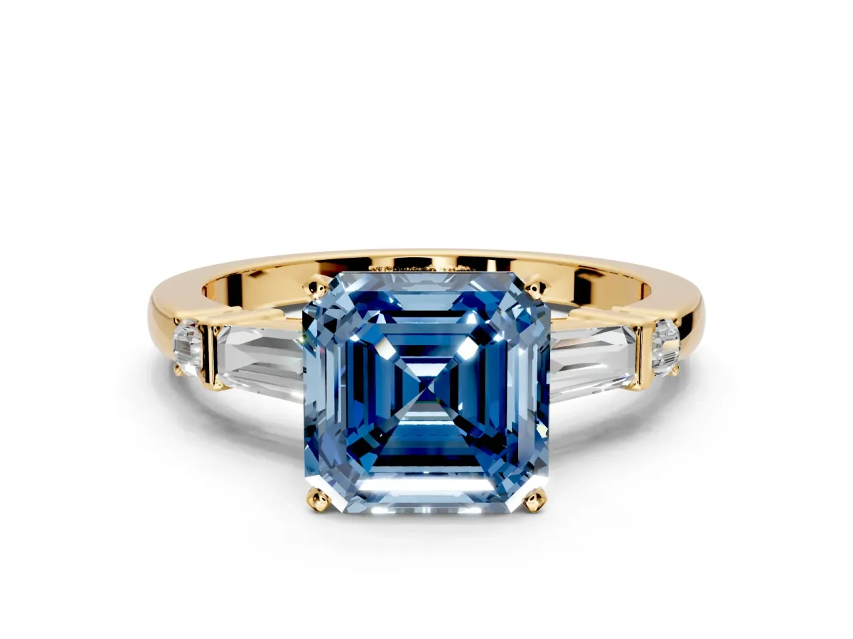 Bar-Set Engagement Ring Setting for Fancy Blue Asscher Cut Center with Tapered Baguette Accents and Prong Head in Yellow Gold