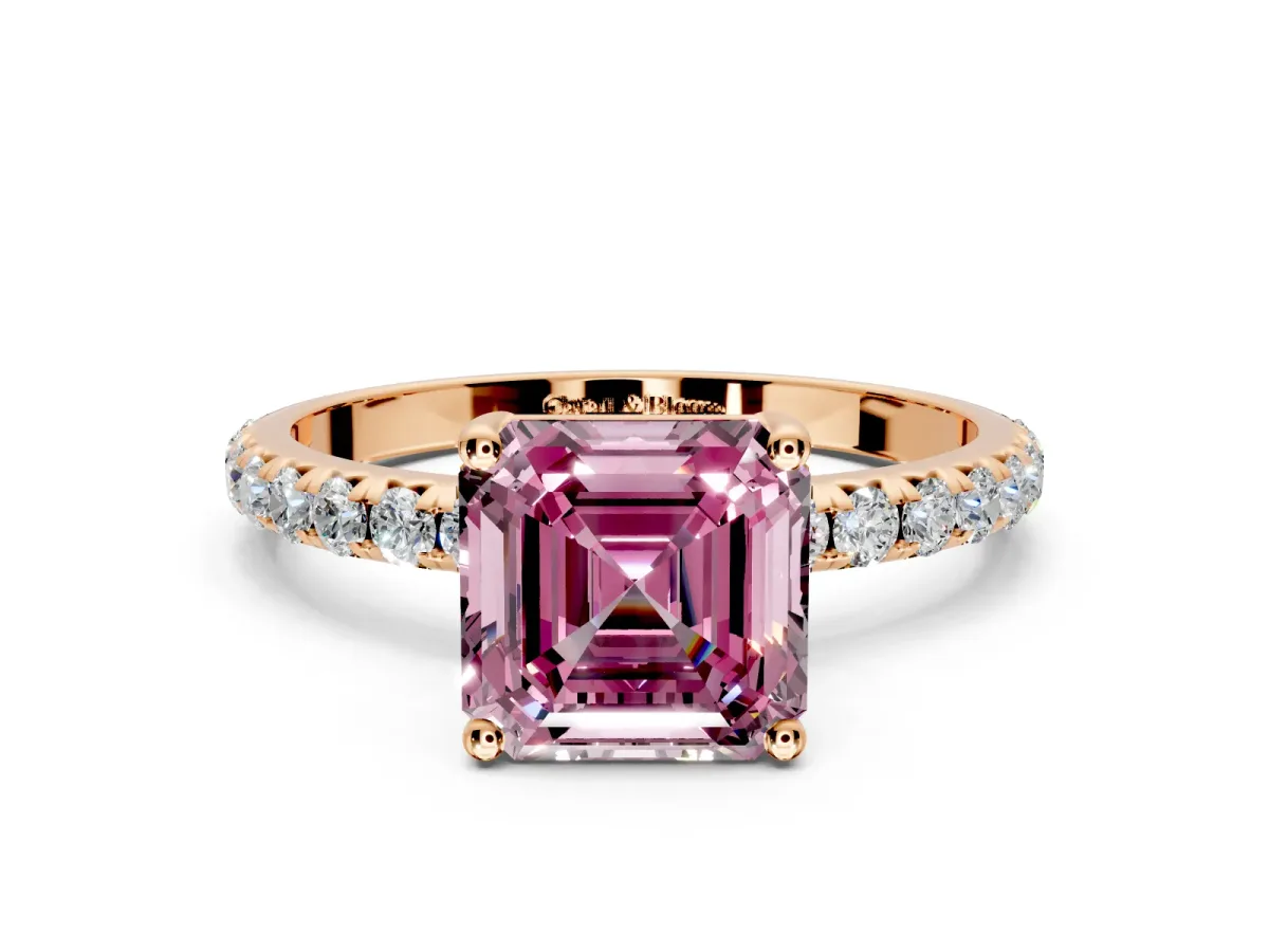Solitaire Engagement Ring Setting for Fancy Pink Asscher Cut Center with Micro Pave Band and Prong Head in Rose Gold
