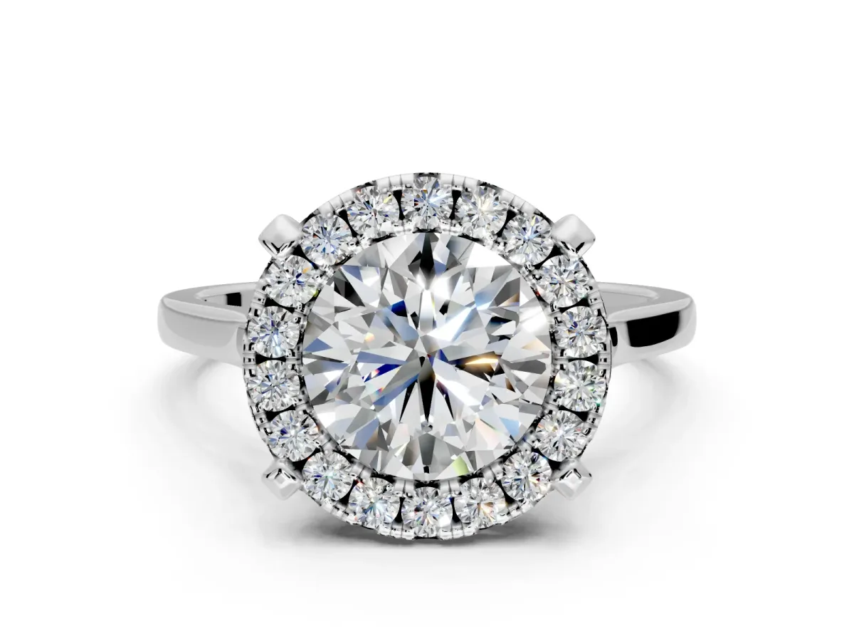 Single Halo Engagement Ring Setting for Round Cut Center with Corner Claws, Plain Band and Prong Head in Sterling Silver