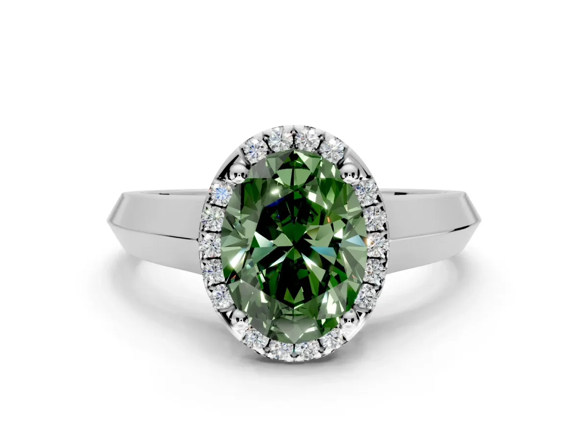 Halo Engagement Ring Setting for Fancy Green Oval Center with Knife Ridge Cathedral Band and Prong Head in Platinum