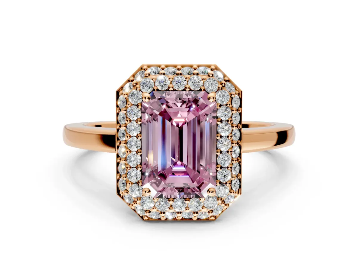 Halo Engagement Ring Setting for Fancy Pink Emerald Cut Center with Plain Tapered Band and Prong Head in Rose Gold