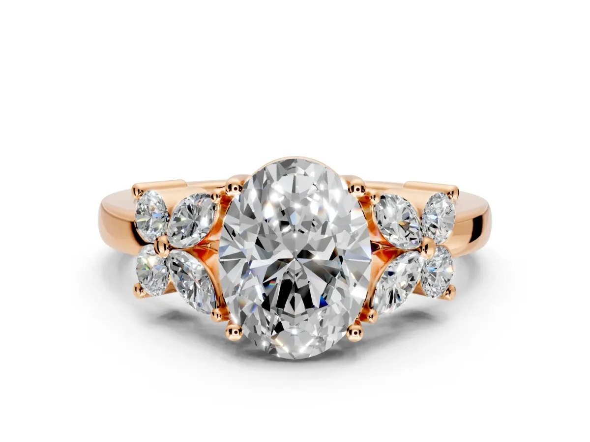 Floral Engagement Ring Setting for Oval Center with Marquise Cluster Shoulders and Prong Head in Rose Gold