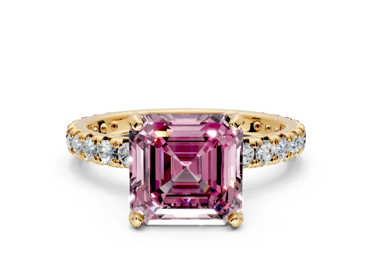 Solitaire Engagement Ring Setting for Fancy Pink Asscher Cut Center with Shared-Prong Accents and Prong Head in Yellow Gold