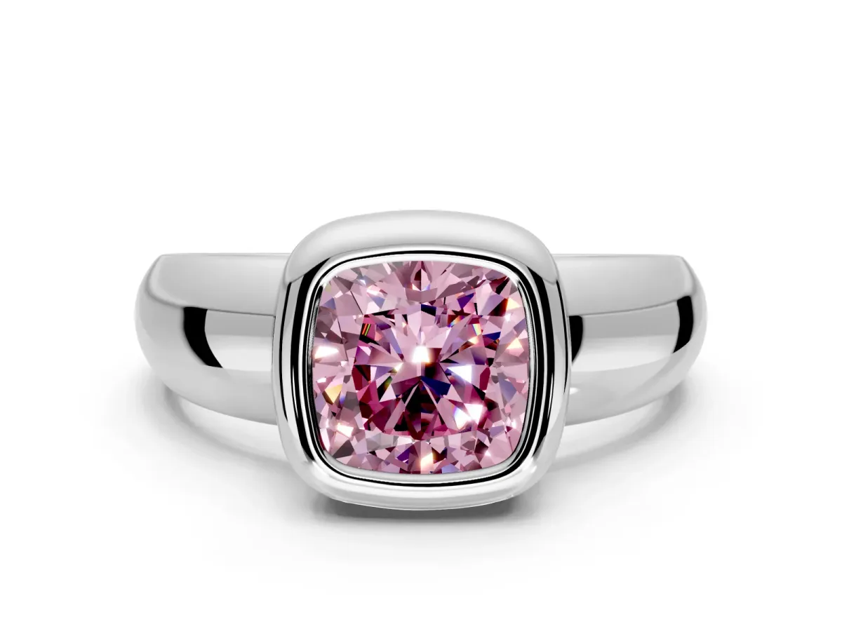 Solitaire Engagement Ring Setting for Fancy Pink Cushion Cut Center with Wide Band and Bezel Head in Platinum