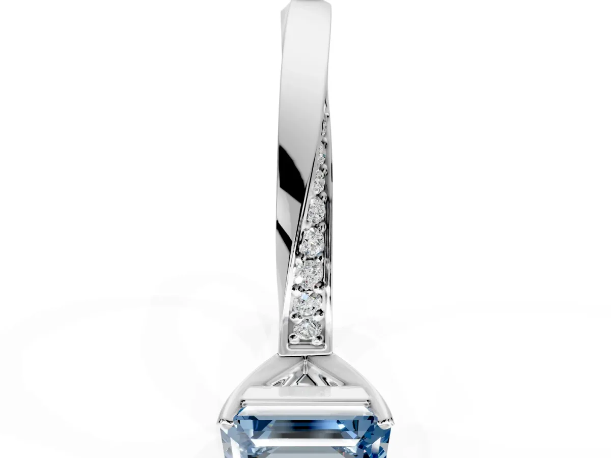 Side Accent Engagement Ring Setting for Fancy Blue Emerald Cut Center with Accent Shoulders and Prong Head in Sterling Silver