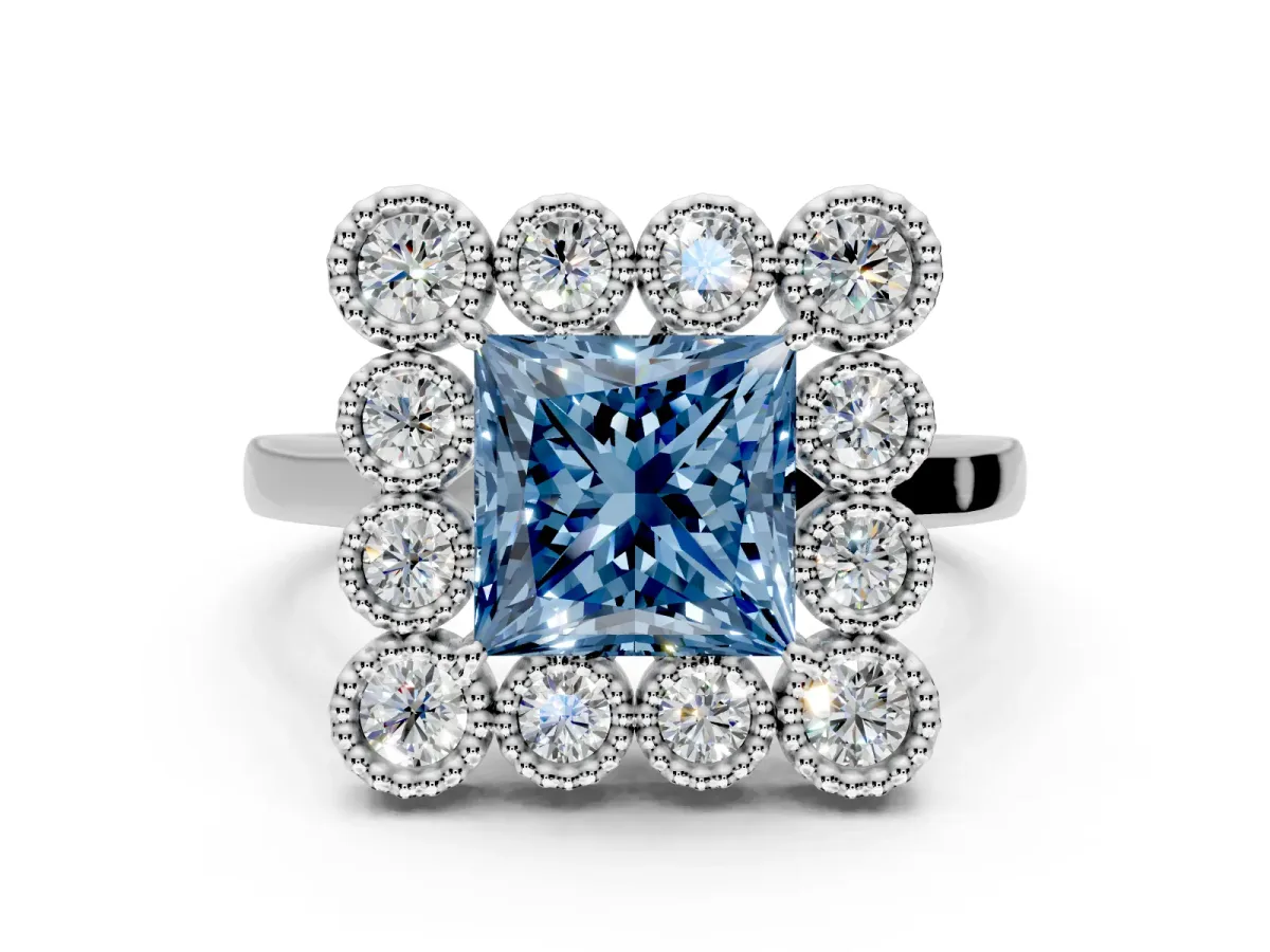 Cluster Halo Engagement Ring Setting for Fancy Blue Princess Cut Center with Milgrain Bezel Accents and Prong Head in Platinum