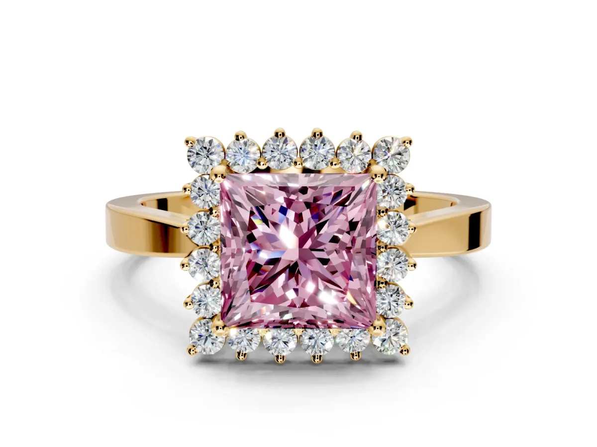 Starburst Halo Engagement Ring Setting for Fancy Pink Princess Cut Center with Flat Cathedral Band and Prong Head in Yellow Gold