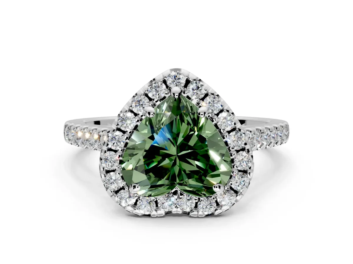 Halo Engagement Ring Setting for Fancy Green Heart-Shaped Center with Raised Halo, Pave Band and Prong Head in Platinum
