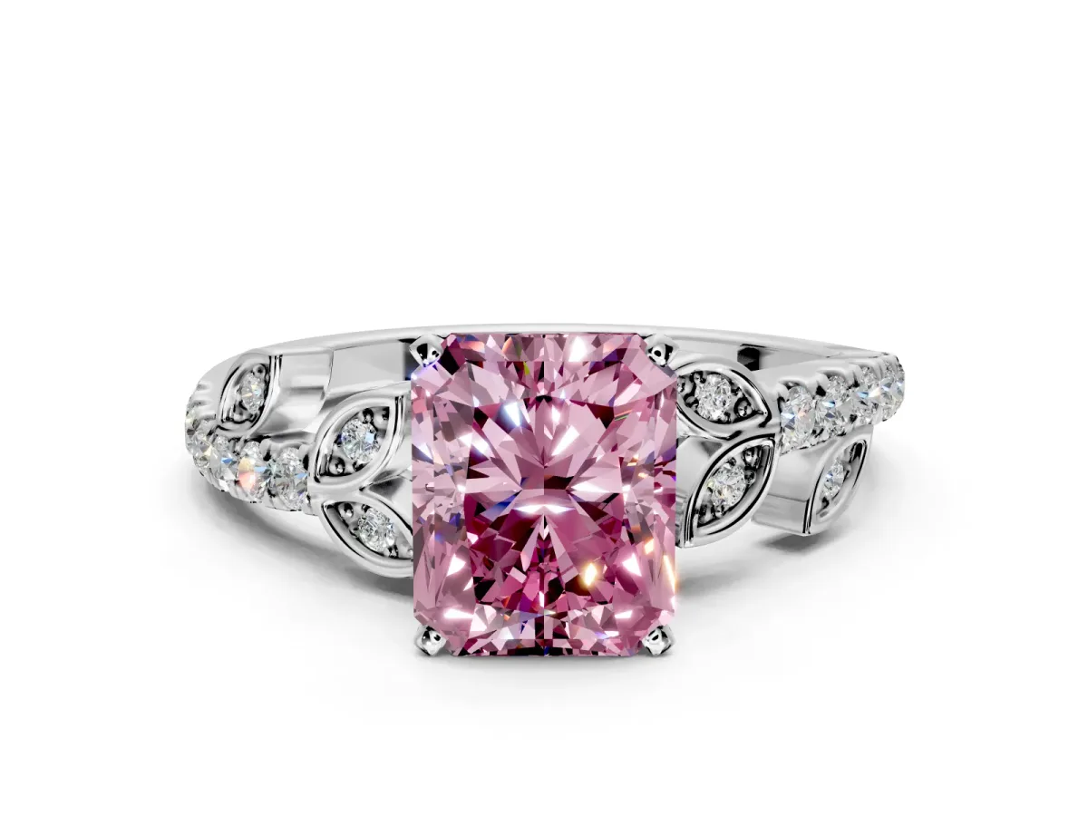 Leaf Motif Engagement Ring Setting for Fancy Pink Radiant Cut Center with Pave Band and Prong Head in Sterling Silver