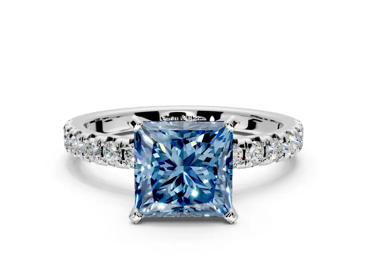 Solitaire Engagement Ring Setting for Fancy Blue Princess Cut Center with Large Accents and Prong Head in Platinum
