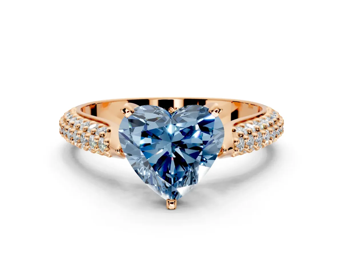 Solitaire Engagement Ring Setting for Fancy Blue Heart-Shaped Center with Multi-Row Accents and Prong Head in Rose Gold