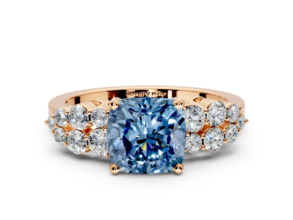 Cluster Engagement Ring Setting for Fancy Blue Cushion Cut Center with 2-Row Shoulder Clusters and Prong Head in Rose Gold