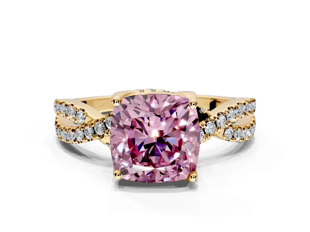 Solitaire Engagement Ring Setting for Fancy Pink Cushion Cut Center with Narrow Twist Pave Band and Prong Head in Yellow Gold