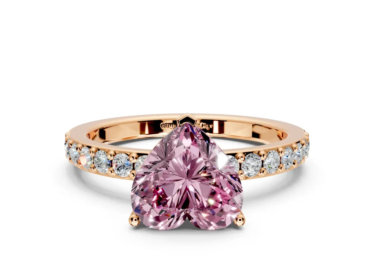 Solitaire Engagement Ring Setting for Fancy Pink Heart-Shaped Center with Round Cut Pave Band and Prong Head in Rose Gold