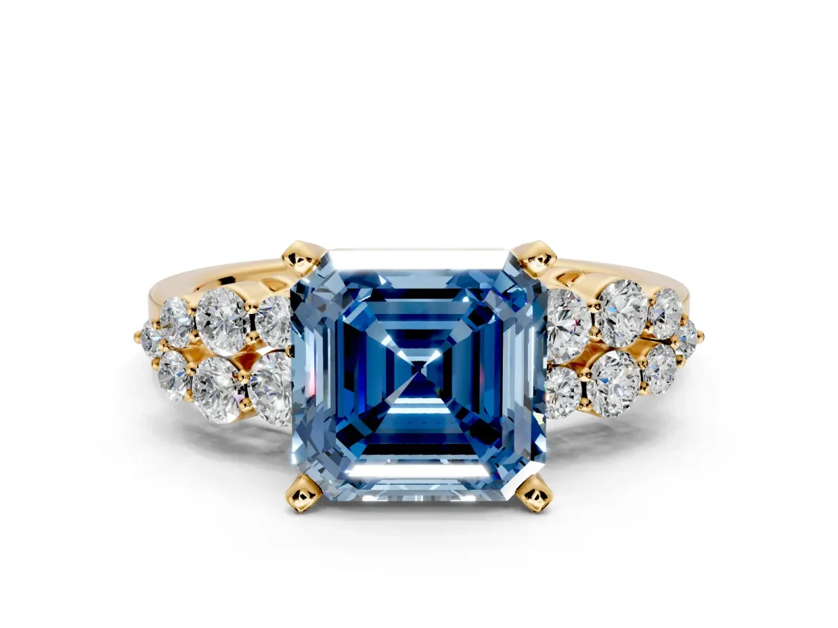 Cluster Engagement Ring Setting for Fancy Blue Asscher Cut Center with 2-Row Shoulder Clusters and Prong Head in Yellow Gold