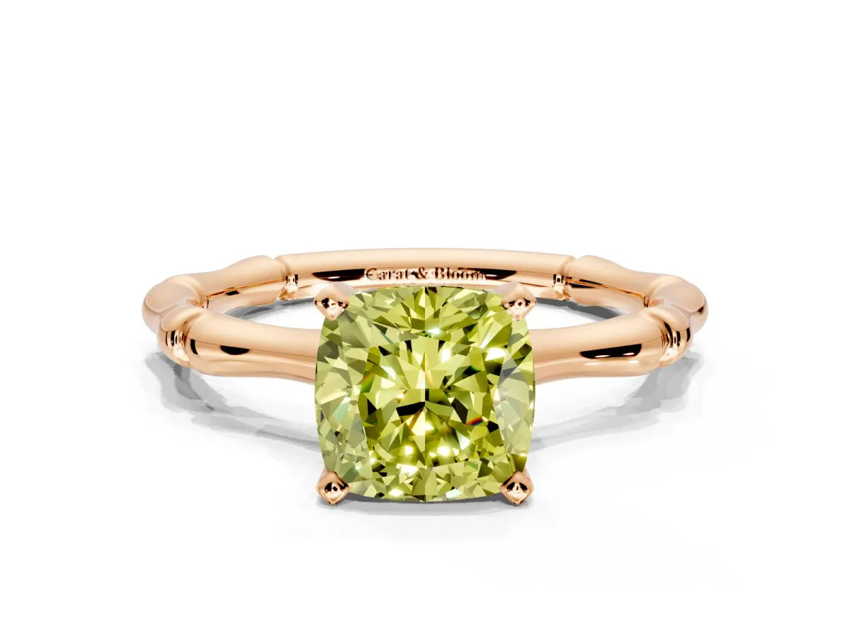 Solitaire Engagement Ring Setting for Fancy Yellow Cushion Cut Center with Bamboo Band and Prong Head in Rose Gold