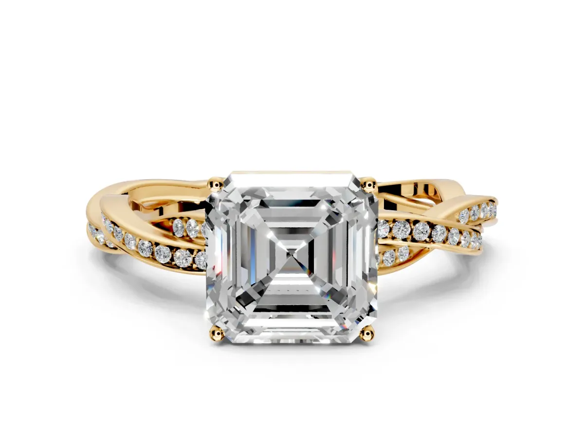 Solitaire Engagement Ring Setting for Asscher Cut Center with Twisted Pave Band and Prong Head in Yellow Gold