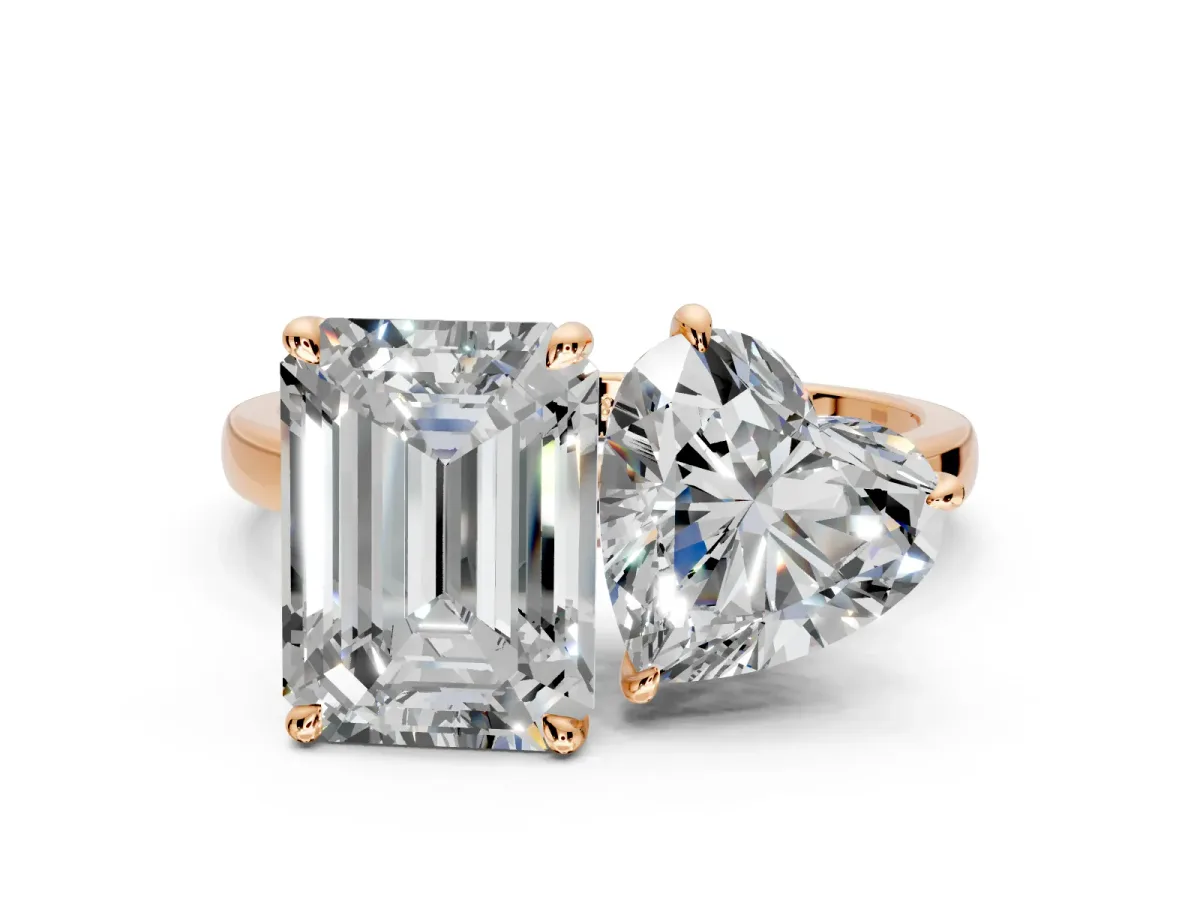 Heart-Shaped and Emerald Cut Lab-Grown Diamond Toi et Moi Engagement Ring with Prong-Set Stones in Rose Gold