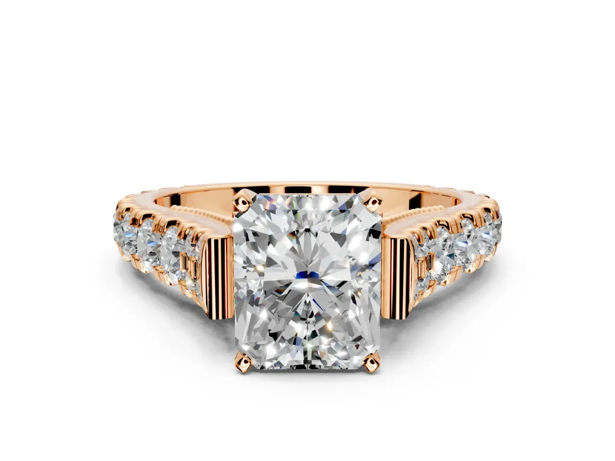 Solitaire Engagement Ring Setting for Radiant Cut Center with Pave Cathedral Shoulders and Prong Head in Rose Gold