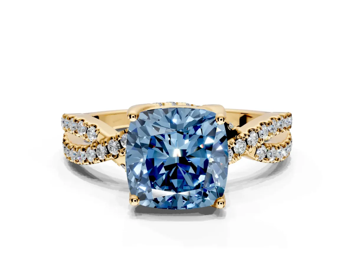 Solitaire Engagement Ring Setting for Fancy Blue Cushion Cut Center with Narrow Twist Pave Band and Prong Head in Yellow Gold