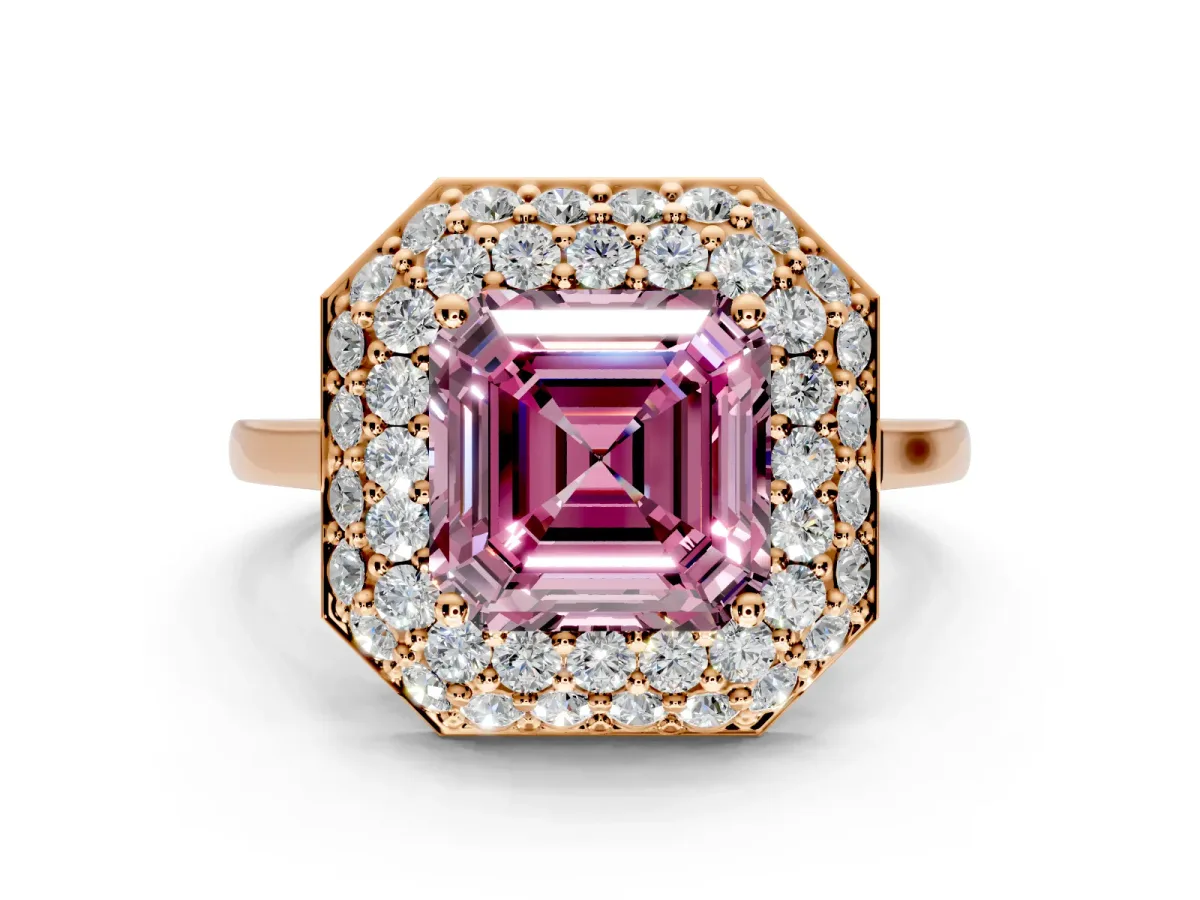 Halo Engagement Ring Setting for Fancy Pink Asscher Cut Center with Plain Tapered Band and Prong Head in Rose Gold