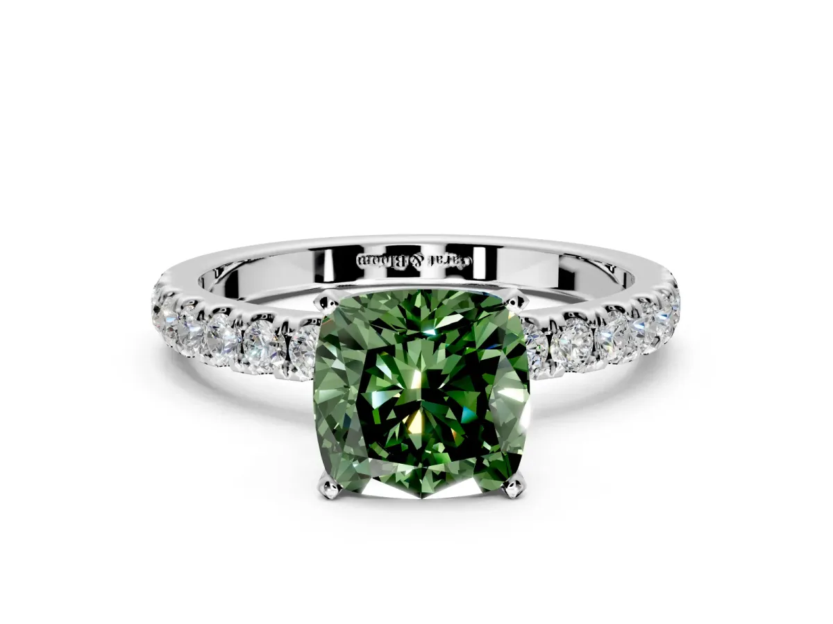 Open Basket Engagement Ring Setting for Fancy Green Cushion Cut Center with Pave Band and Prong Head in Platinum