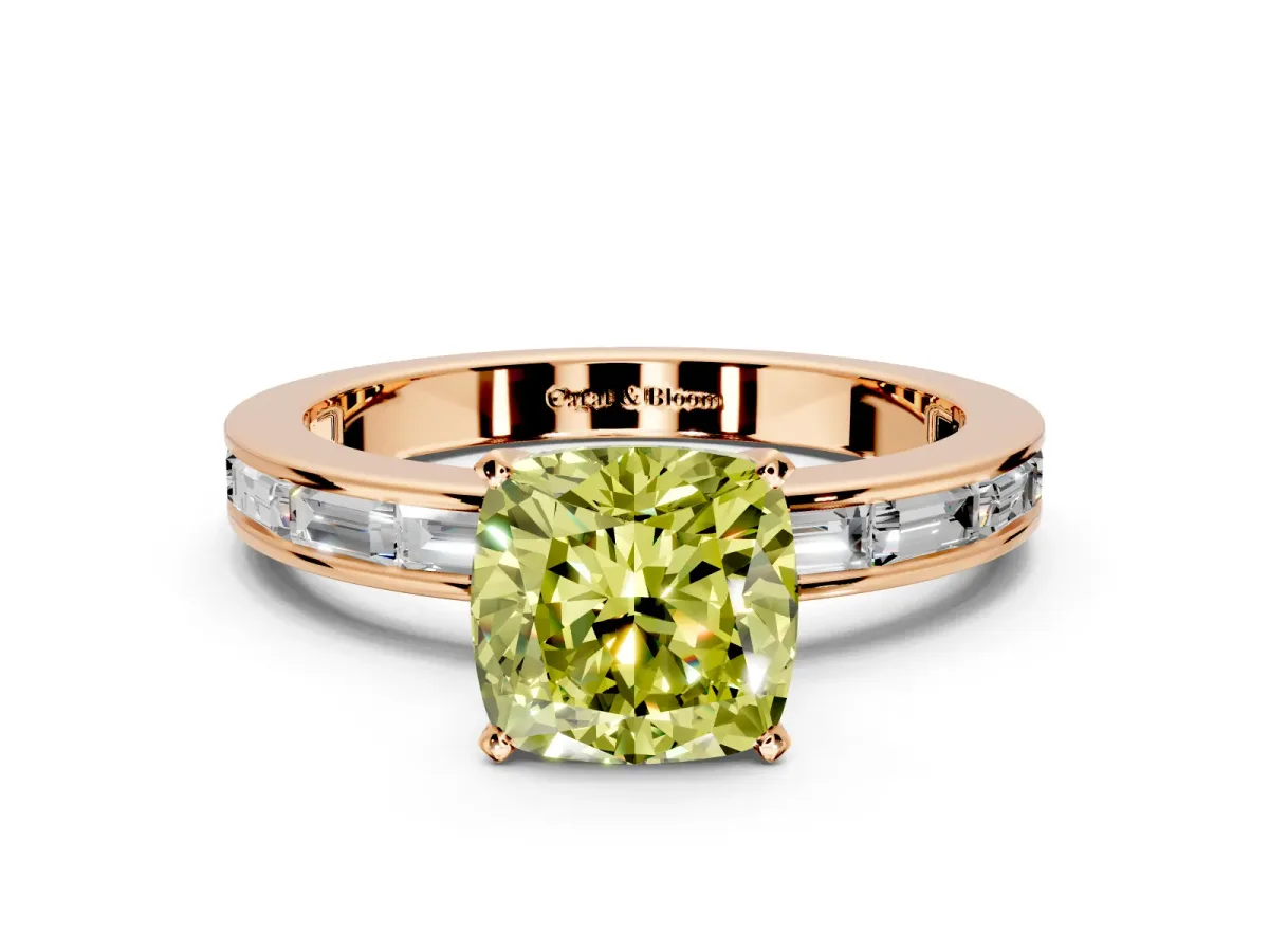 Solitaire Engagement Ring Setting for Fancy Yellow Cushion Cut Center with Channel Baguette Band and Prong Head in Rose Gold