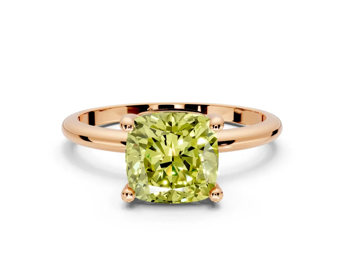 Minimalist Solitaire Engagement Ring Setting for Fancy Yellow Cushion Cut Center with Thin Band and Prong Head in Rose Gold