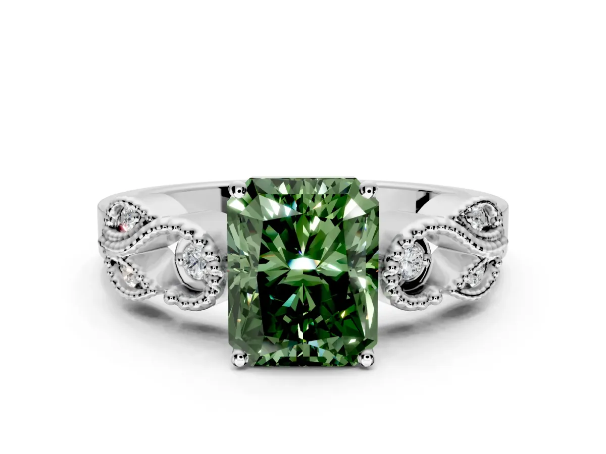 Leaf Engagement Ring Setting for Fancy Green Radiant Cut Center with Milgrain Accent Band and Prong Head in Sterling Silver