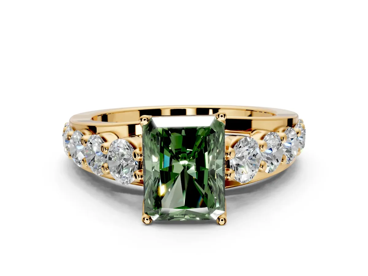 Solitaire Engagement Ring Setting for Fancy Green Radiant Cut Center with Graduated Shared Prongs and Prong Head in Yellow Gold