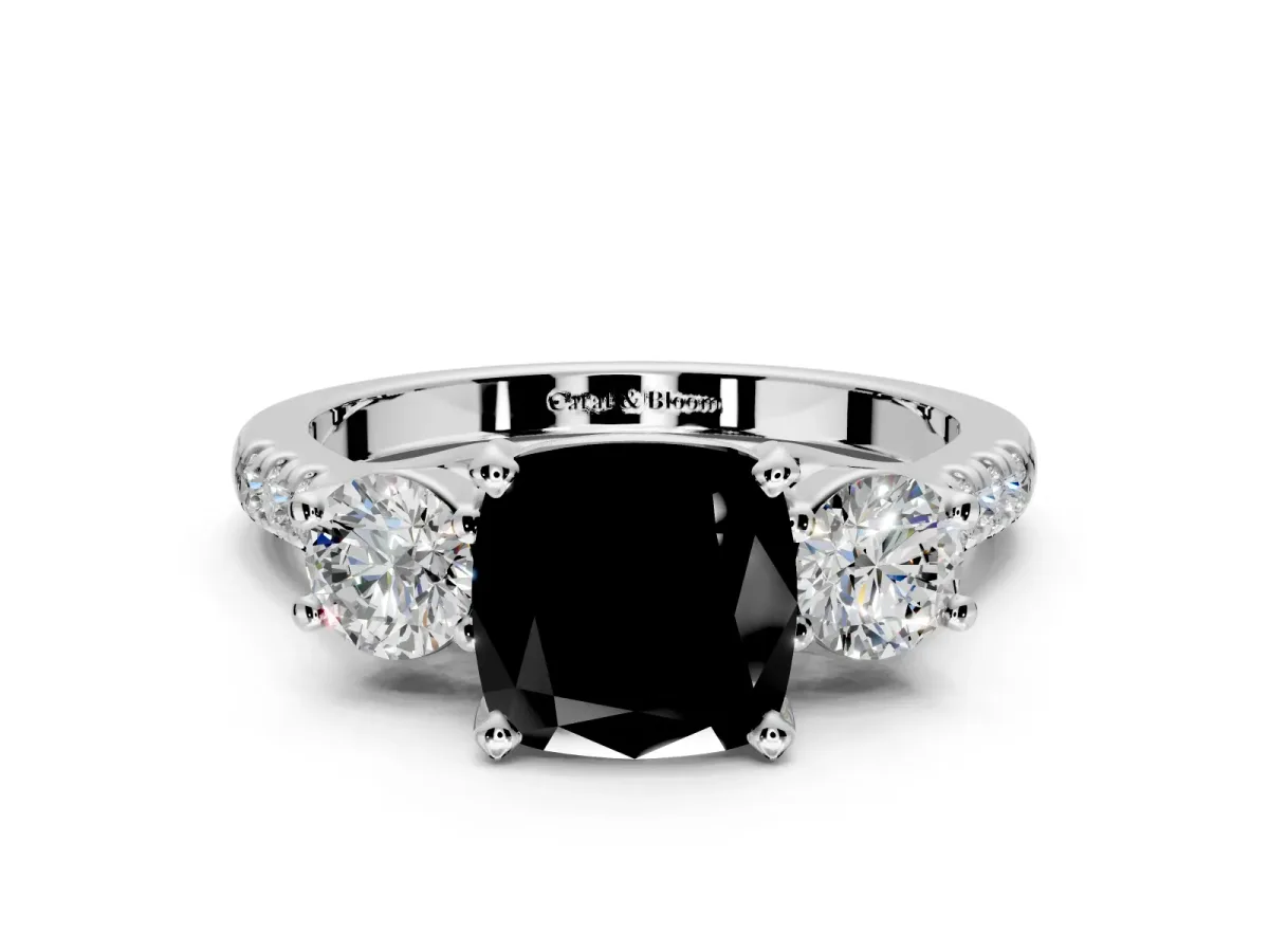 3 Stone Engagement Ring Setting for Fancy Black Cushion Cut Center with Crossover Basket, Pave Band and Prong Head in Platinum