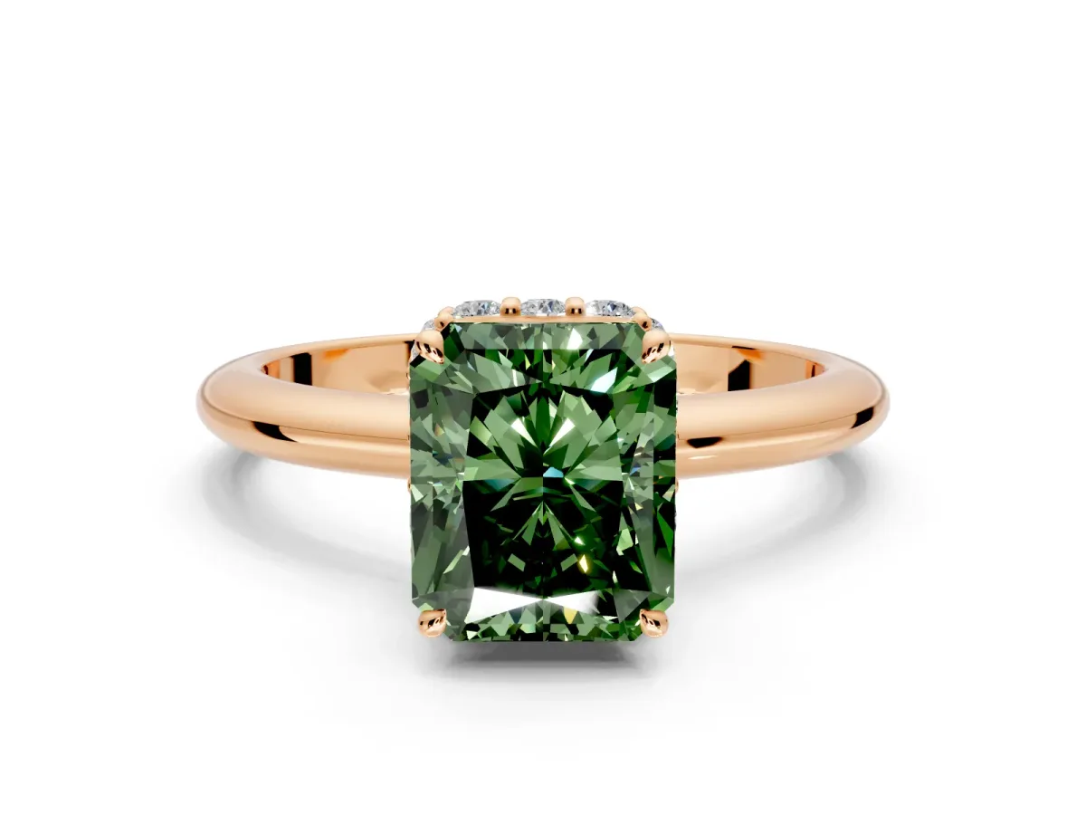 Hidden Halo Engagement Ring Setting for Fancy Green Radiant Cut Center with Plain Rounded Band and Prong Head in Rose Gold