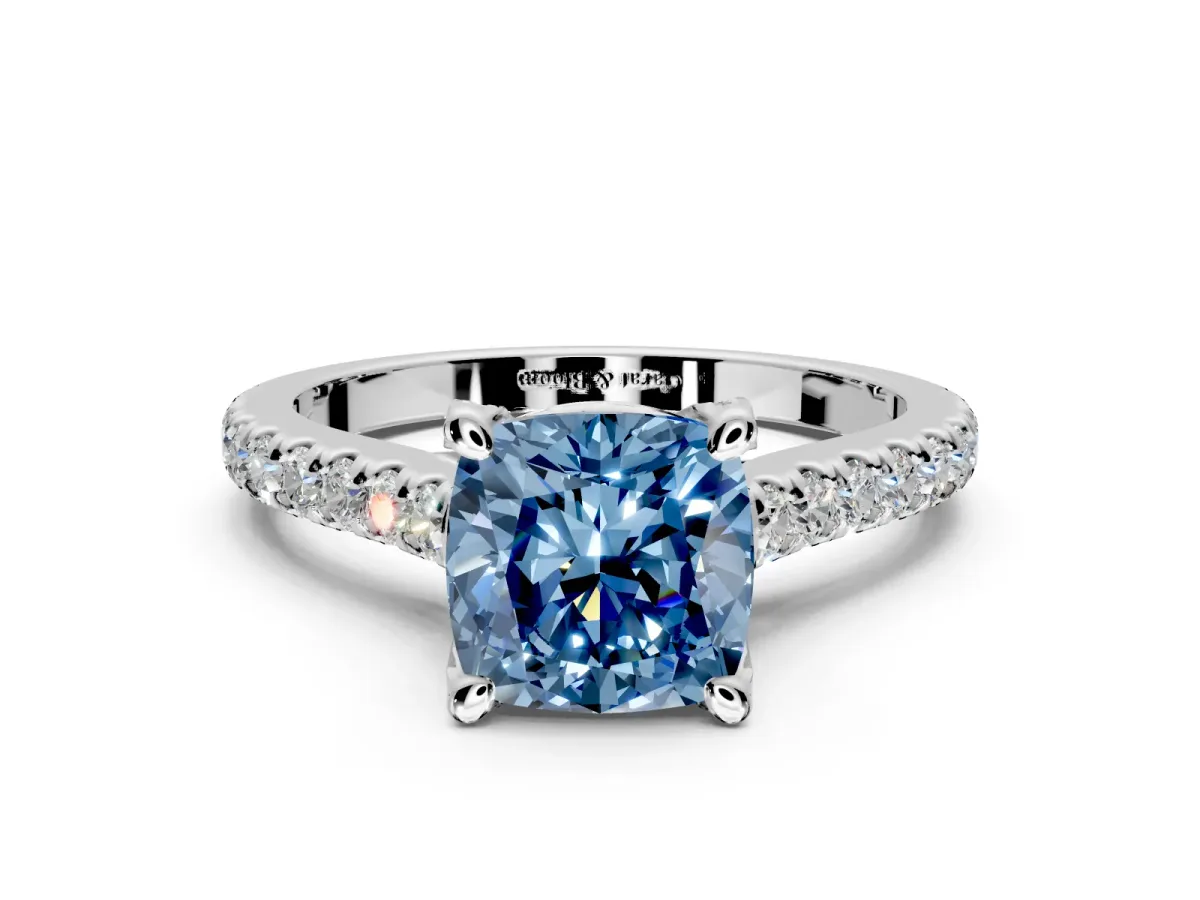 Solitaire Engagement Ring Setting for Fancy Blue Cushion Cut Center with Widening Pave Band and Claw Prong Head in Platinum