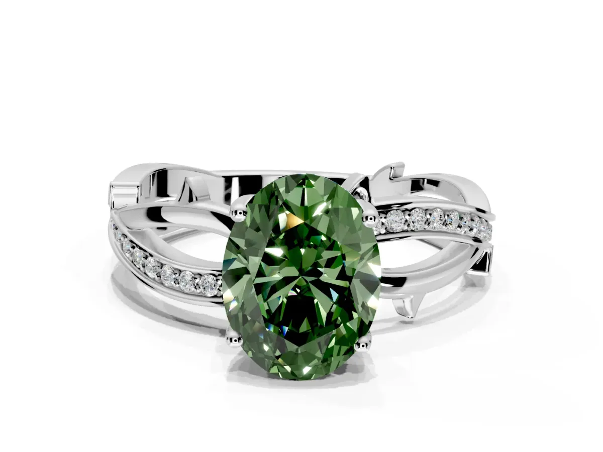 Solitaire Engagement Ring Setting for Fancy Green Oval Center with Pave and Plain Crossover Band and Prong Head in White Gold