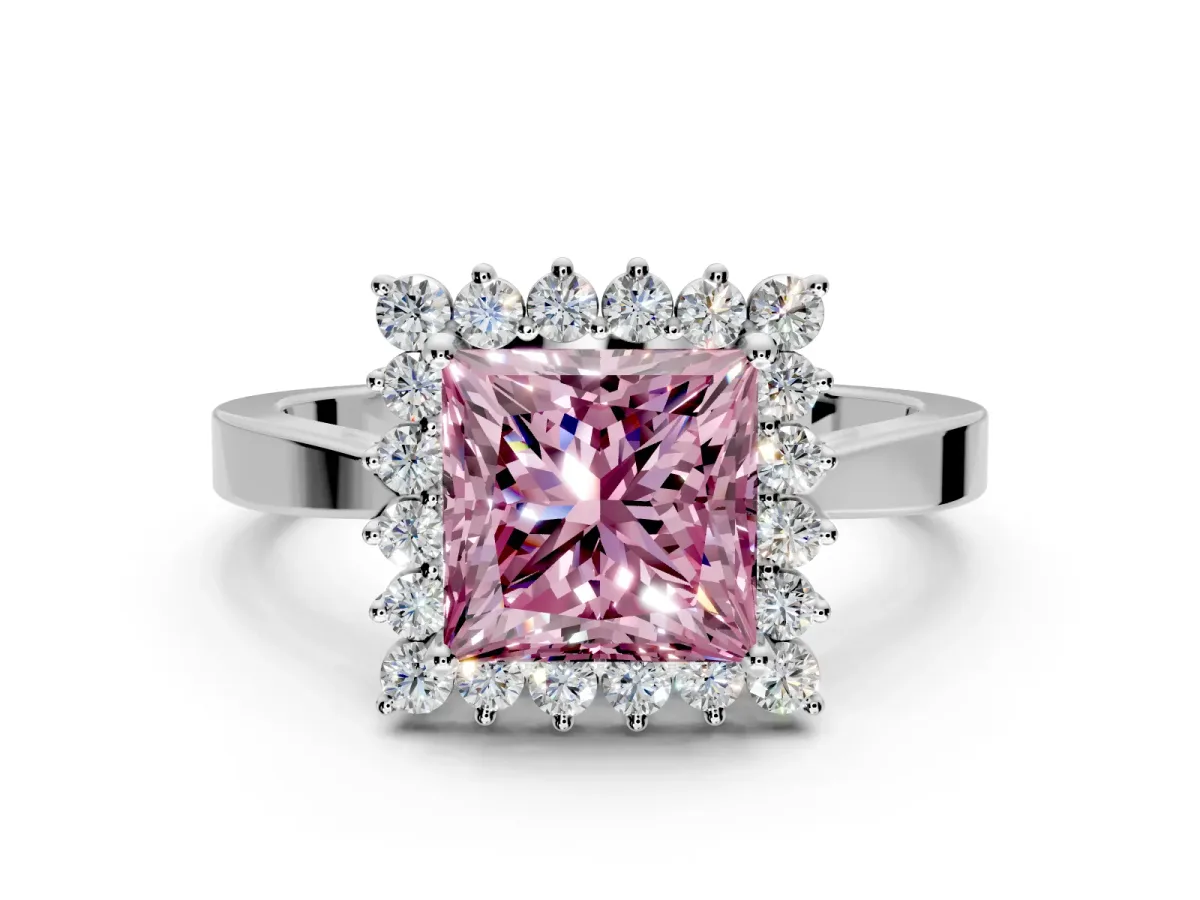 Starburst Halo Engagement Ring Setting for Fancy Pink Princess Cut Center with Flat Cathedral Band and Prong Head in White Gold