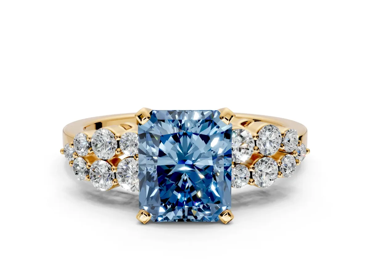 Cluster Engagement Ring Setting for Fancy Blue Radiant Cut Center with 2-Row Shoulder Clusters and Prong Head in Yellow Gold