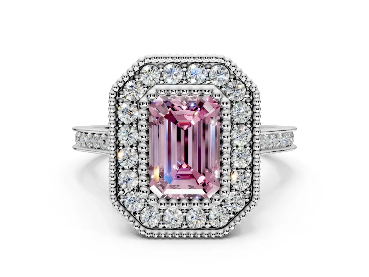 Halo Engagement Ring Setting for Fancy Pink Emerald Cut Center with Milgrain Frame, Pave Band and Prong Head in Platinum