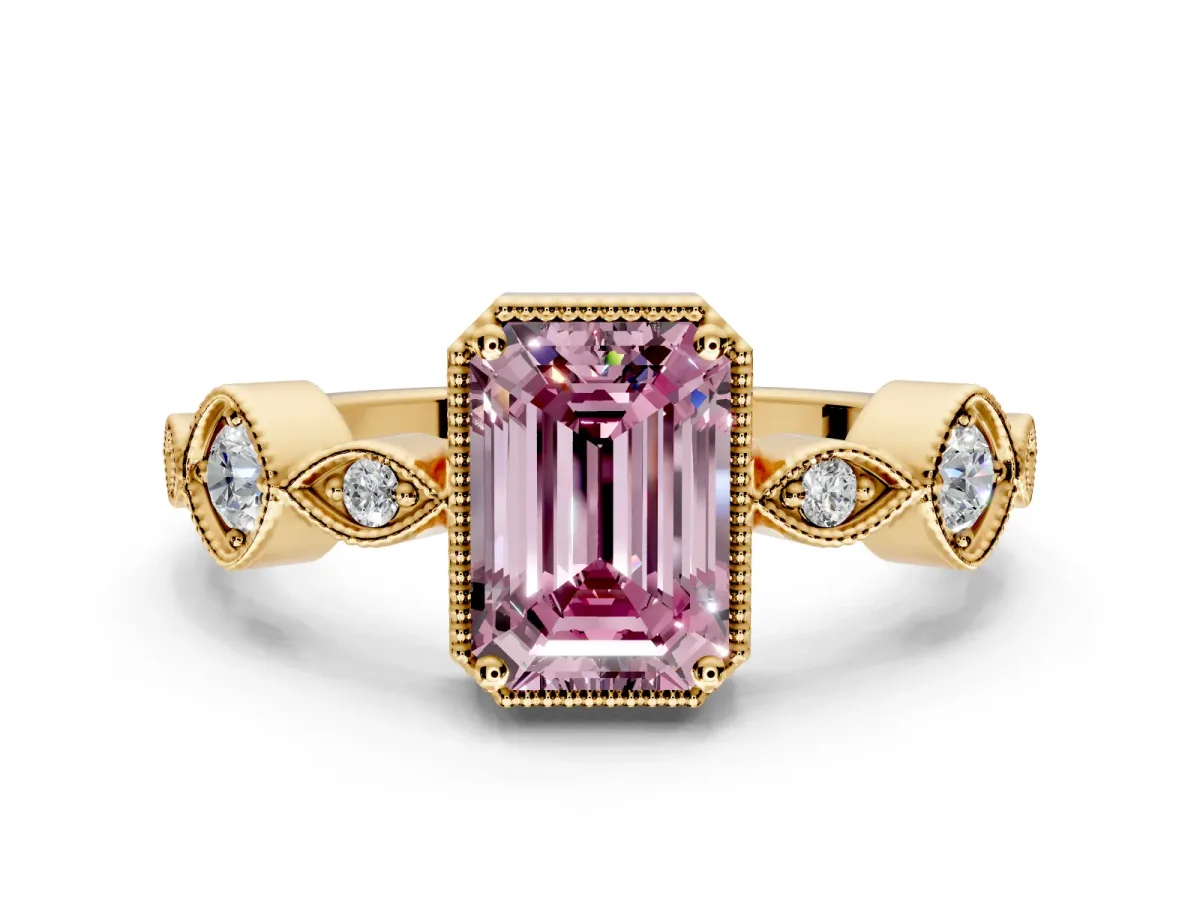Vintage Station Engagement Ring Setting for Fancy Pink Emerald Cut Center with Accents and Prong Head in Yellow Gold