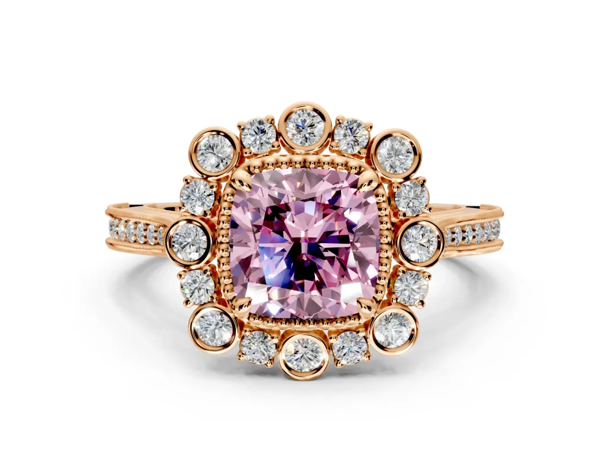 Milgrain Halo Engagement Ring Setting for Fancy Pink Cushion Cut Center with Bezel Point Accents and Prong Head in Rose Gold