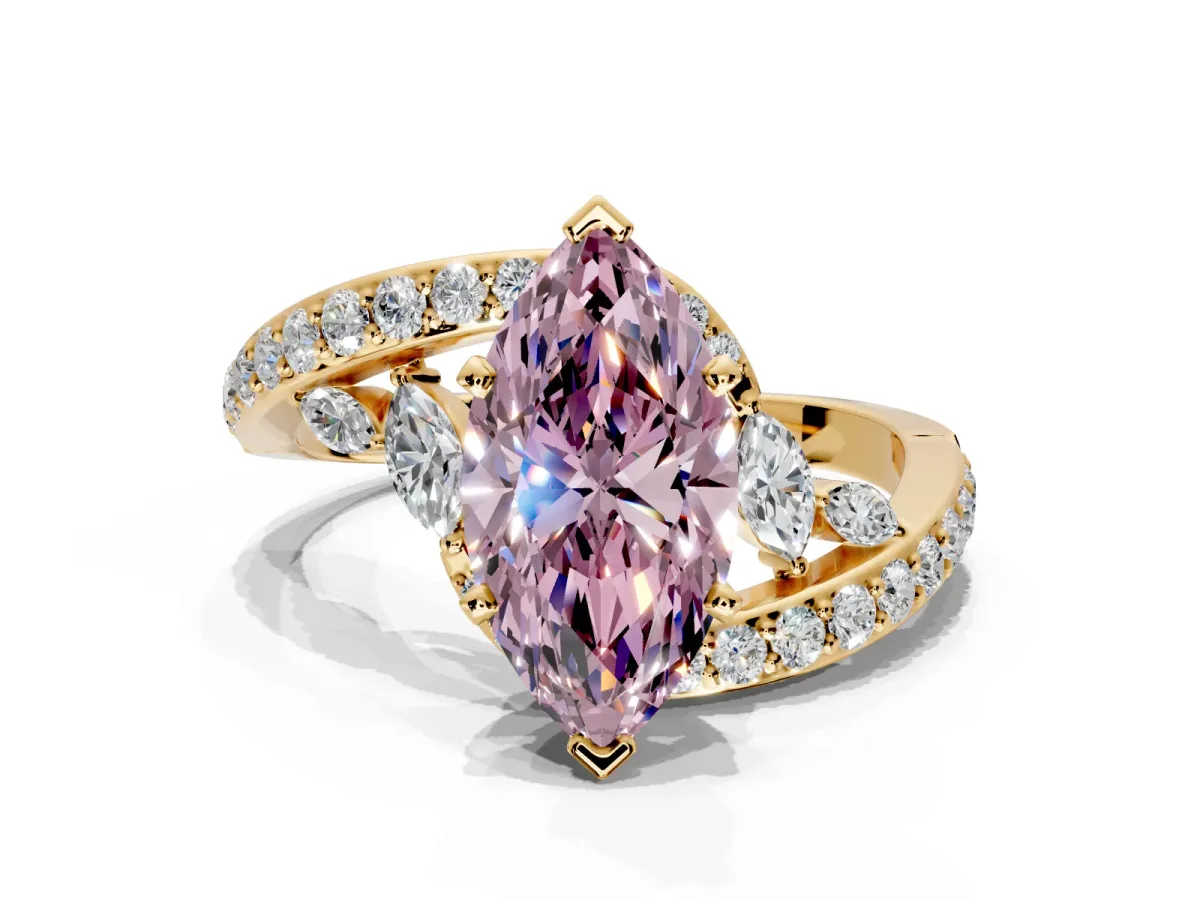 Solitaire Engagement Ring Setting for Fancy Pink Marquise Center with Pave Bypass Twist Band and Prong Head in Yellow Gold
