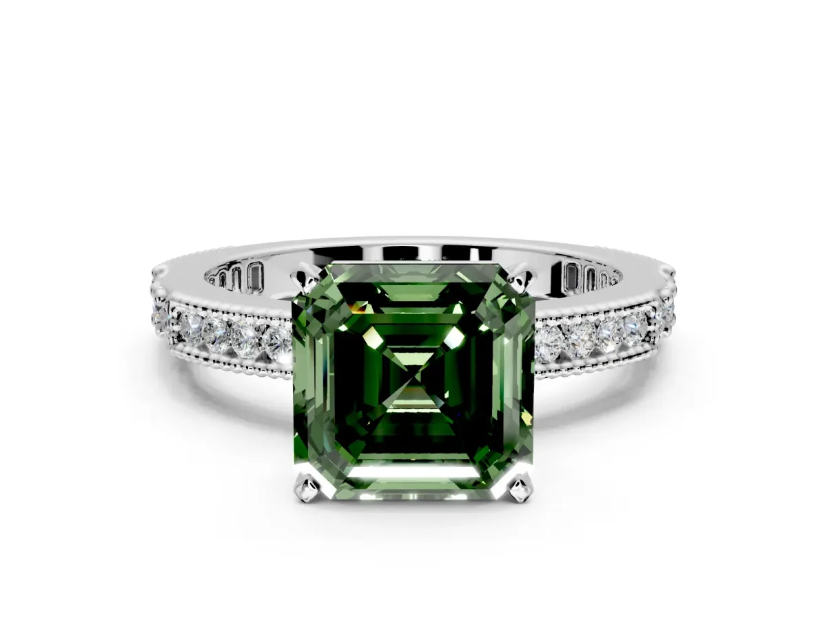Solitaire Engagement Ring Setting for Fancy Green Asscher Cut Center with Milgrain-Edged Pave Band and Prong Head in Sterling Silver