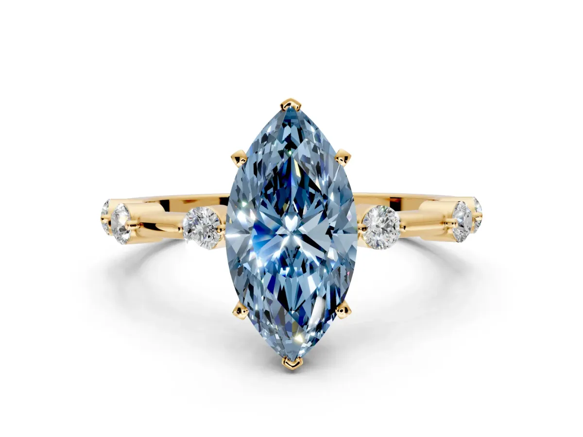 Solitaire Engagement Ring Setting for Fancy Blue Marquise Center with Bezel Station Band and Prong Head in Yellow Gold