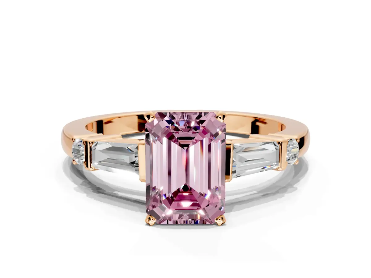 Bar-Set Engagement Ring Setting for Fancy Pink Emerald Cut Center with Tapered Baguette Accents and Prong Head in Rose Gold