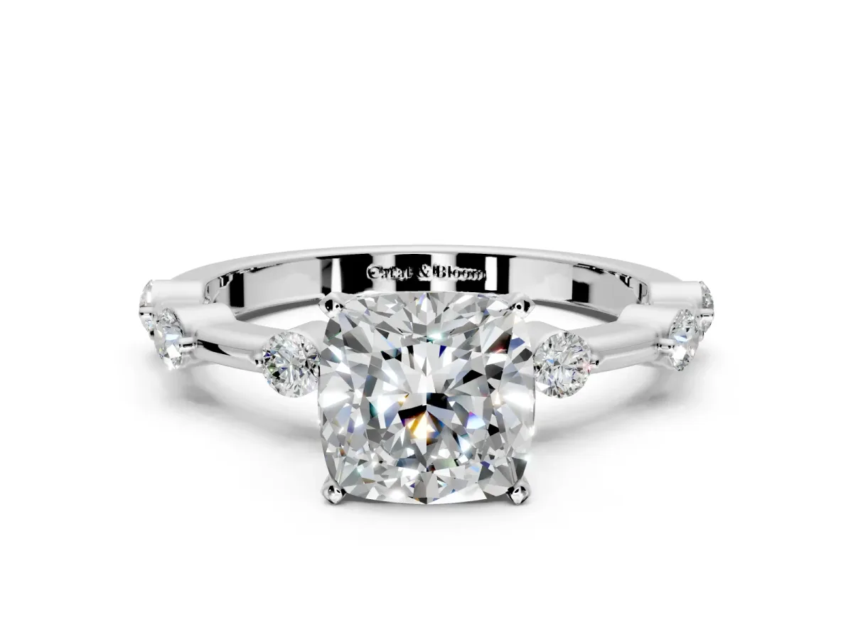 Solitaire Engagement Ring Setting for Cushion Cut Center with Bezel Station Band and Prong Head in Platinum