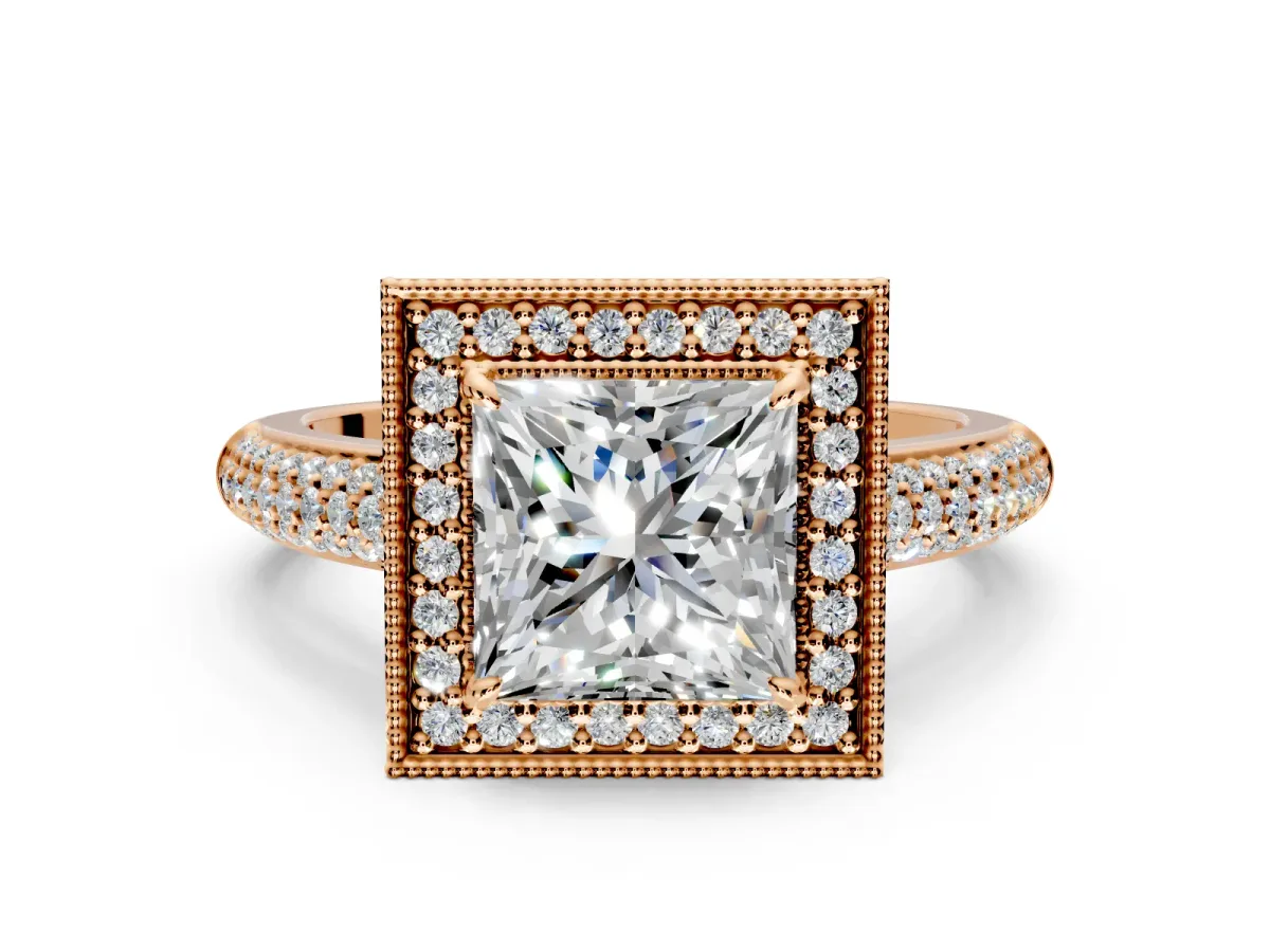 Milgrain Halo Engagement Ring Setting for Princess Cut Center with Three-Sided Pave Band and Prong Head in Rose Gold