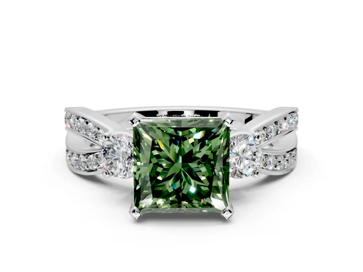 3 Stone Engagement Ring Setting for Fancy Green Princess Cut Center with Pave Twist Band and Prong Head in Platinum