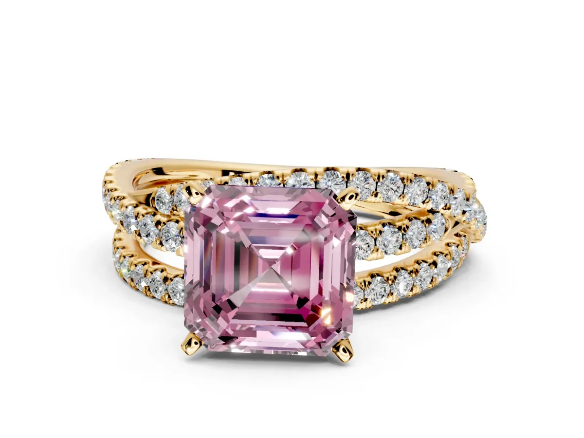 Solitaire Engagement Ring Setting for Fancy Pink Asscher Cut Center with Woven 3-Strand Pave Band and Prong Head in Yellow Gold
